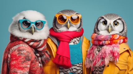 Creative animal concept. owl bird in a group, vibrant bright fashionable outfits isolated on solid background advertisement, copy text space