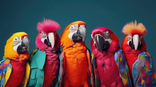 Creative animal concept. Parrot bird in a group, vibrant bright fashionable outfits isolated on solid background advertisement, copy space