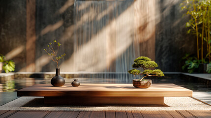 A modern japanese garden with a waterfall and a koi pond. Table with Bonsai for product presentation.