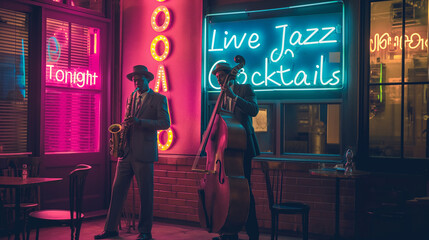 jazz musicians play the saxophone in a vibrant neon-lit cafe  with bokeh effect in the background and glowing sign Live tonight - obrazy, fototapety, plakaty