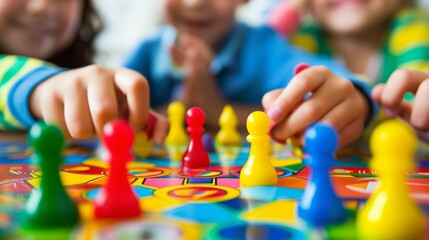close-up of playing board game and having fun with friends and family in room indoors, board game concept, group of kids children play board games at the table, roll the dice - obrazy, fototapety, plakaty