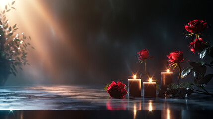 Black and red roses with black candles. Gothic feeling.