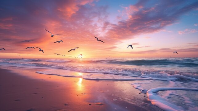 A peaceful beach scene with gentle waves, seagulls, and a colorful sunset captured with a wide-angle lens, using warm and vibrant film to create a serene and inviting atmosphere