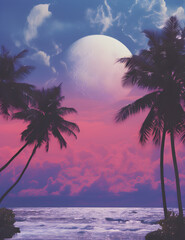 Vaporwave Landscape, Moon, Ocean Waves, Sand, Clouds, Palm Trees, Sky, Pink, Turquoise, Blue, Purple colors, Retro 80s, Synthwave, Retro Futuristic, neon pastel colors