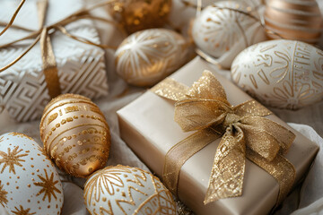 Fototapeta na wymiar Golden Elegance: A Festive Collection of Decorated Eggs and Gifts Adorned with Golden Ribbons