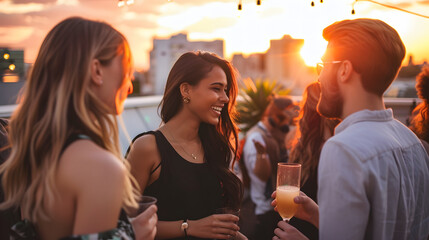 Diverse Group of Young Professionals Enjoying a rooftop party at sunset. Young people having fun on a rooftop party.