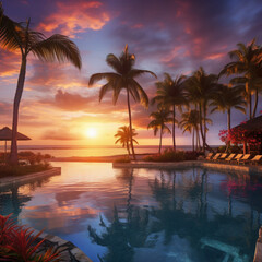 Fototapeta na wymiar Stunning sunset scenery at beach resort in tropics. AI generative.