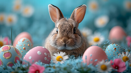 Easter eggs and cute bunny. Funny decoration. Happy Easter. Easter bunny with colorful eggs and daisies on blue background.Adorable Easter Bunny With Easter Eggs