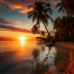 Fototapeta na wymiar Idyllic sunset view at palm-fringed beach resort. AI generative.