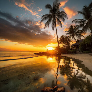 Idyllic sunset view at palm-fringed beach resort. AI generative.