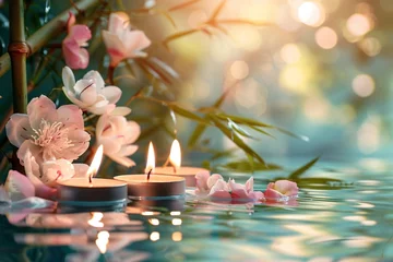 Foto auf Acrylglas Spa Aromatic candles over water with flowers and bamboo. Spa and relaxation concept