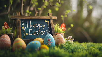 Easter eggs and chalkboard with easter greetings on green grass