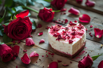 Obraz na płótnie Canvas Heart-Shaped Cake with Pink Icing Surrounded by Red Roses on a Rustic Wooden Surface for a Romantic Celebration