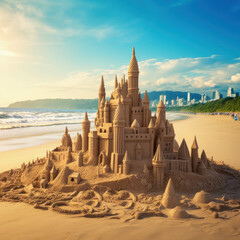 Grand sandcastle on beach, blurred city backdrop. AI generative.