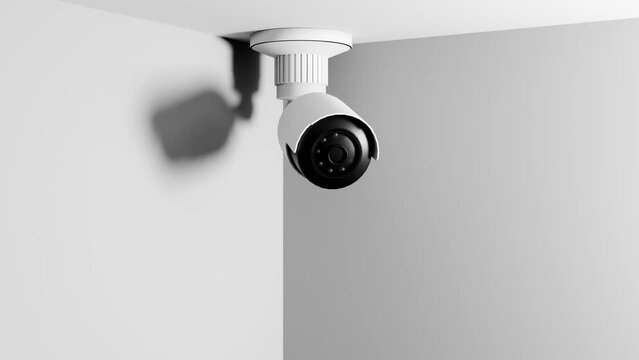 CCTV camera installed on wall in white room office. Scan the area for surveillance purposes. Can be used background in security work. Animation, 3D Render