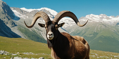 Alpine goat against a background of mountains and blue sky.