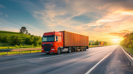 Red truck with container on asphalt road, cargo transportation concept.