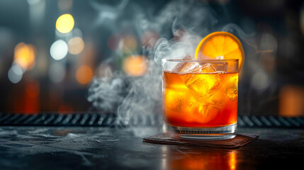 An image of a bourbon cocktail with a smoky atmosphere.