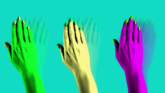 Modern animation. Stop motion. Three female hands waving in vivid color palette against colorful background. Bright comics style design. Concept of art, disco, party, retro fashion, happy and fun.