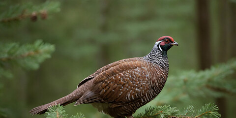 Obraz premium Forest bird black grouse sits on a spruce branch in a natural environment.