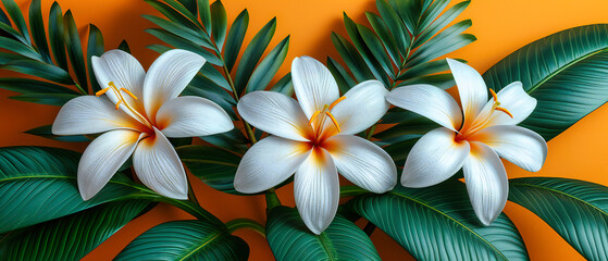 Tropical serenity, frangipani flowers amidst lush greenery, embodying exotic beauty and tranquil...