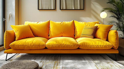  Natural contemporary living room mockup template room ideas cosy comfort yellow sofa with blank space wall backdrop cosy interior decorating house beautiful background.