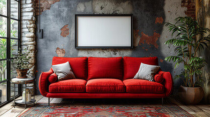  Natural contemporary living room mockup template room ideas cosy comfort red sofa with blank space wall backdrop cosy interior decorating house beautiful background.