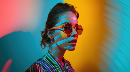 The models wore colorful outfits and had stripes on their faces. in abstract color style blue and yellow Ideal beauty - obrazy, fototapety, plakaty