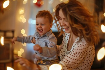 Happy european mother with her son dancing at home together, spending leisure time in living room,...