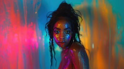 A young woman puts various colors on her face, giving off emotions and sympathy.