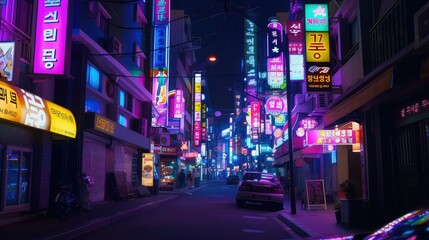 Colorful neon billboards at the Songpa Gu nightlife district in Seoul, South Korea.
