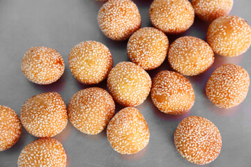 Thai snack: Fried Mung Bean Stuffed Balls. Thai Fried Sweet Potato Balls.