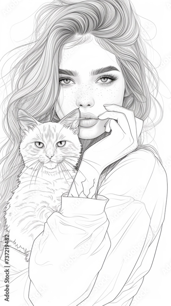 Canvas Prints A drawing of a woman holding a cat