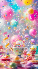Fototapeta na wymiar A tea cup with a teddy bear on it surrounded by confetti and balloons