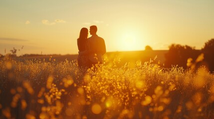 A couple standing in a field at sunset
