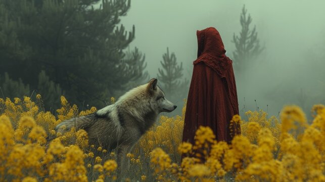 A woman in a red cloak standing next to a wolf