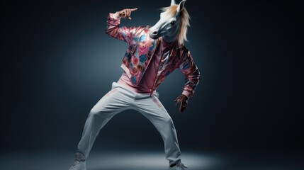 Creative animal concept. Unicorn full body in hip hop stylish fashion isolated on dark background, commercial, editorial advertisement, surreal, copy text space - obrazy, fototapety, plakaty