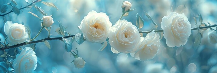 White Roses on Birch Tree in the Style of Light Sky Blue and Azure - Bokeh Panorama Cherry Blossoms Shaped Canvas Background created with Generative AI Technology - obrazy, fototapety, plakaty