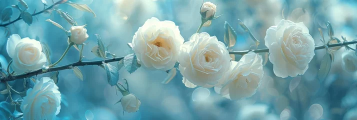 Foto op Canvas White Roses on Birch Tree in the Style of Light Sky Blue and Azure - Bokeh Panorama Cherry Blossoms Shaped Canvas Background created with Generative AI Technology © Generative Plants