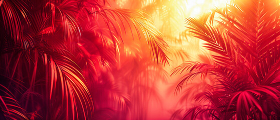 Tropical paradise, a vivid illustration of summer vibes with palm trees and a sunset, blending travel and nature