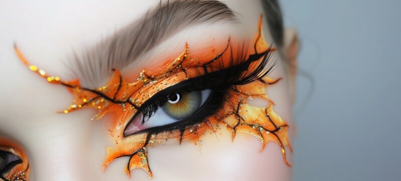 close up macro shot of woman eye with make up, fire dragon theme, scale and flame on smoky eye, Generative Ai