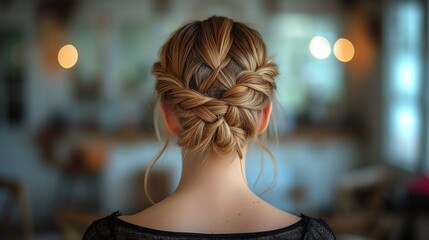  back view of pretty woman portrait wearing braid hairstyle with nature background, Generative Ai