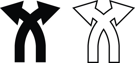 Set of black traffic arrows icon collection isolated transparent background. Flat or line vector. Bended arrow, turning, zig zag, crossroads, driving direction mark, location point crossroad circle .