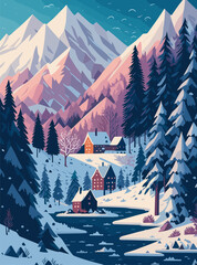Winter Landscape with snowy mountains, village and forest. Colorful minimalist vector flat illustration.