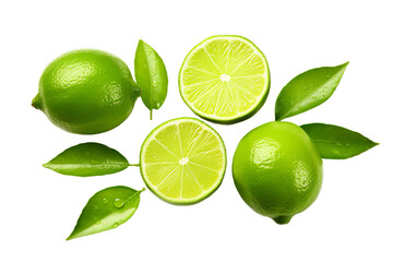 illustration of fresh limes both whole and sliced, Isolated on transparent PNG background,...