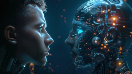 Futuristic yet realistic image of a human interacting with advanced AI technology - Powered by Adobe