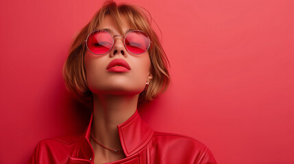A trendsetting woman in vibrant avant-garde attire poses confidently against a color-blocked minimalist background, embodying bold style and innovative design.