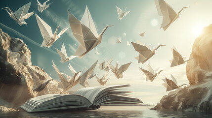 Origami paper birds flying out from an open book on a beach with rocks and sunlight. - obrazy, fototapety, plakaty