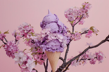 a purple cone of ice cream on pink background in the  - obrazy, fototapety, plakaty