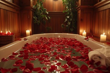 Indulge in a luxurious Valentine's Day escape as you immerse yourself in a tranquil spa or jacuzzi adorned with delicate flower petals and flickering candles, creating an intimate ambiance